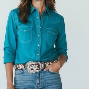 vintage Blair teal aqua rockabilly western button down pearl-snap cowboy shirt